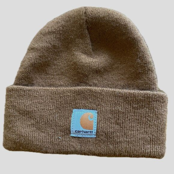 Carhartt Youth Beanie Hat Tan Brown Cuffed Knit Logo OS Winter Gift - Picture 2 of 6
